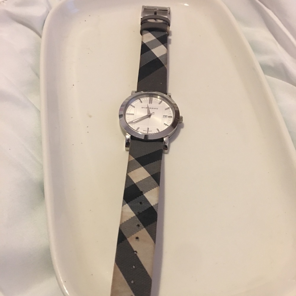 Burberry watch, silver with classic pattern strap